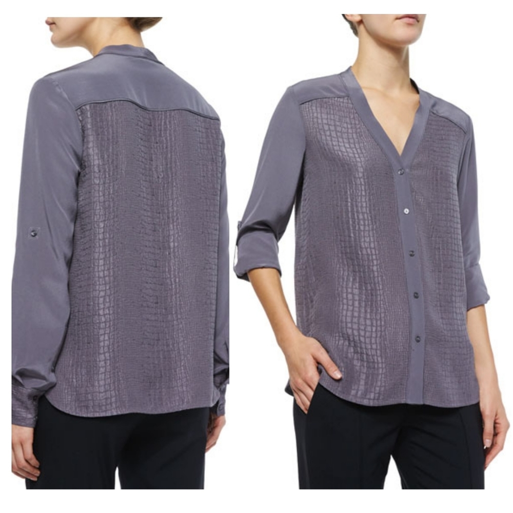 VINCE Silk Crocodile Embossed Blouse Long Tab Sleeve Grey Gray Top Button Down S - Picture 1 of 16